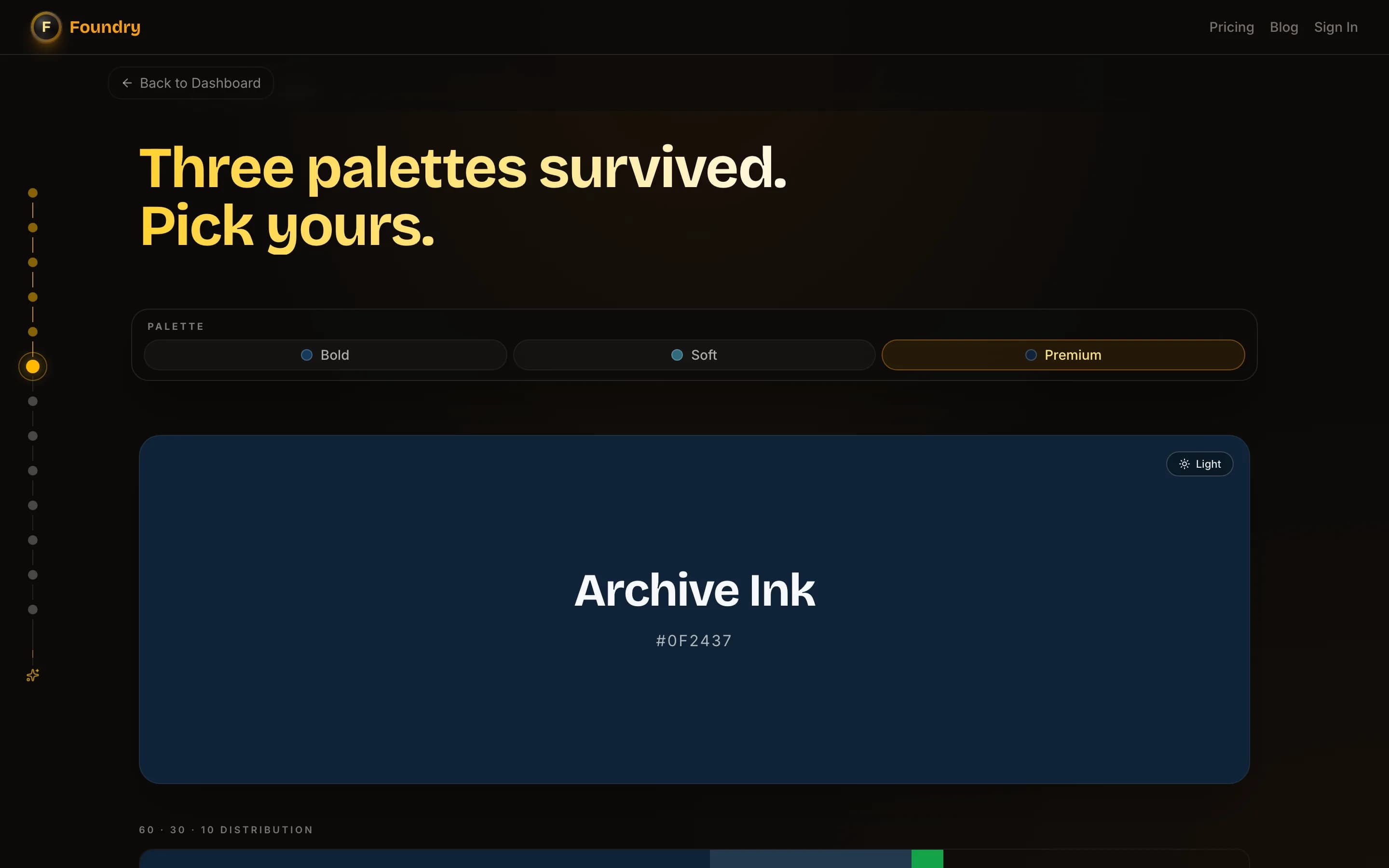 Brand v2 palettes — Three palettes survived Pick yours, Premium tab selected showing Archive Ink #0F2437 dark navy hero