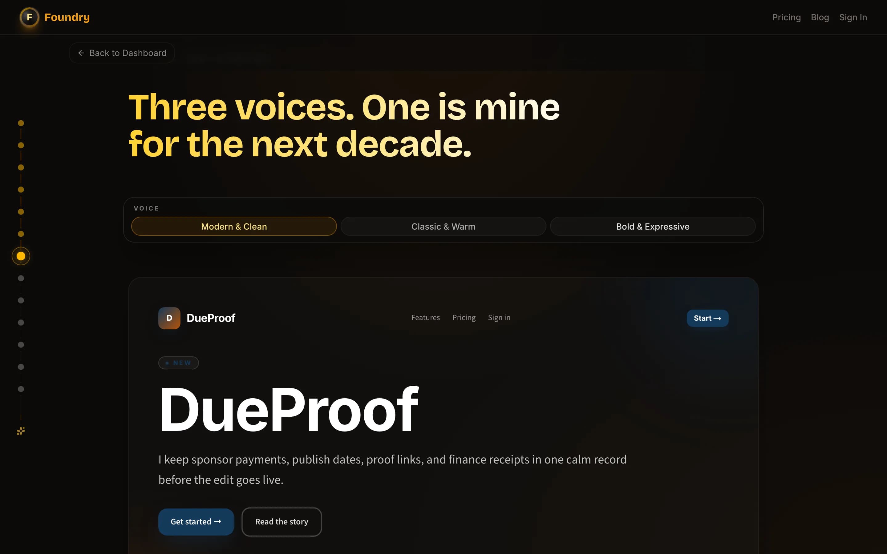 Brand v2 voices — Three voices One is mine for the next decade, Modern and Clean tab selected with DueProof landing preview rendered in that voice