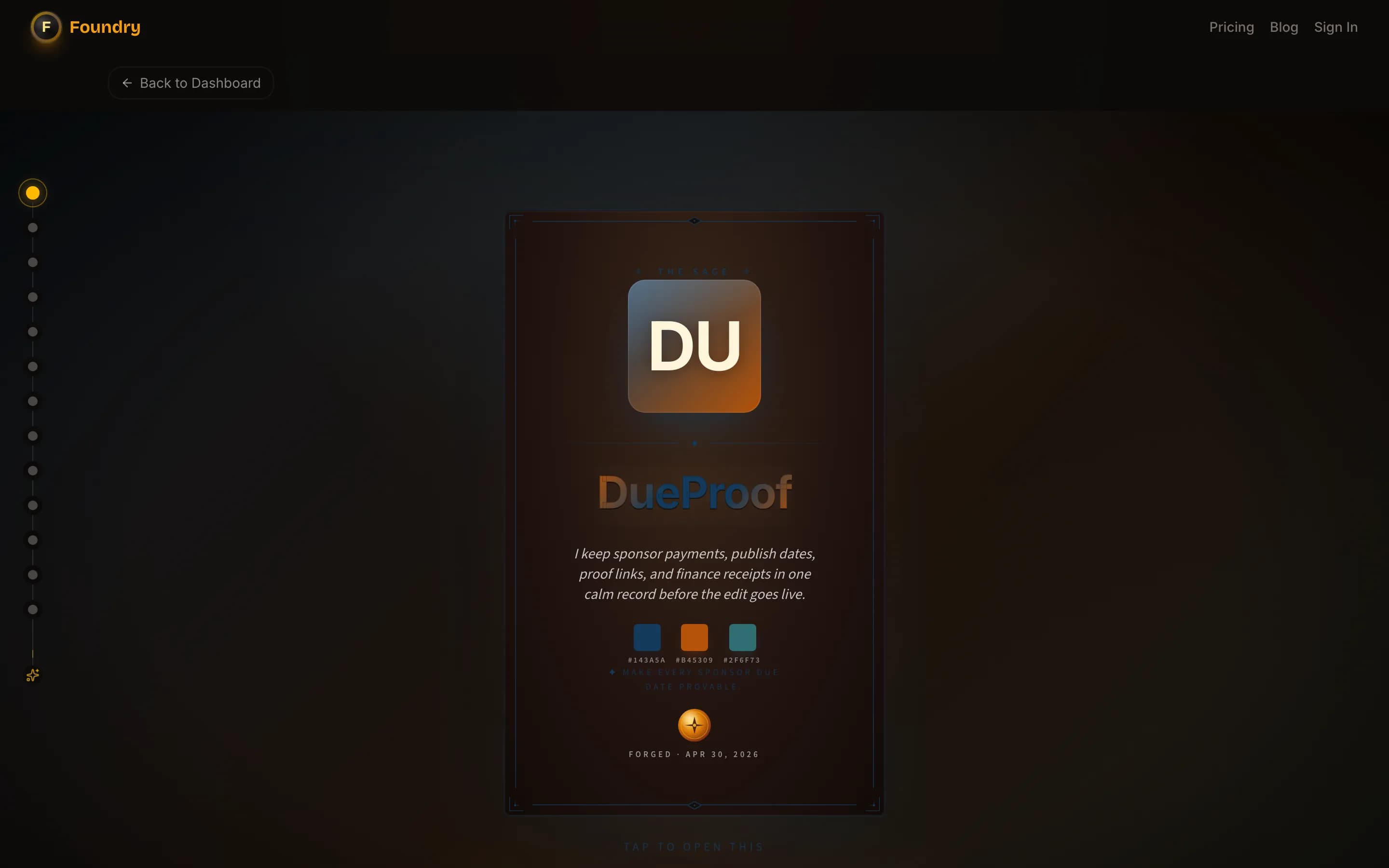 Brand v2 hero cover — DueProof identity card with DU logomark, name, tagline, and palette swatches