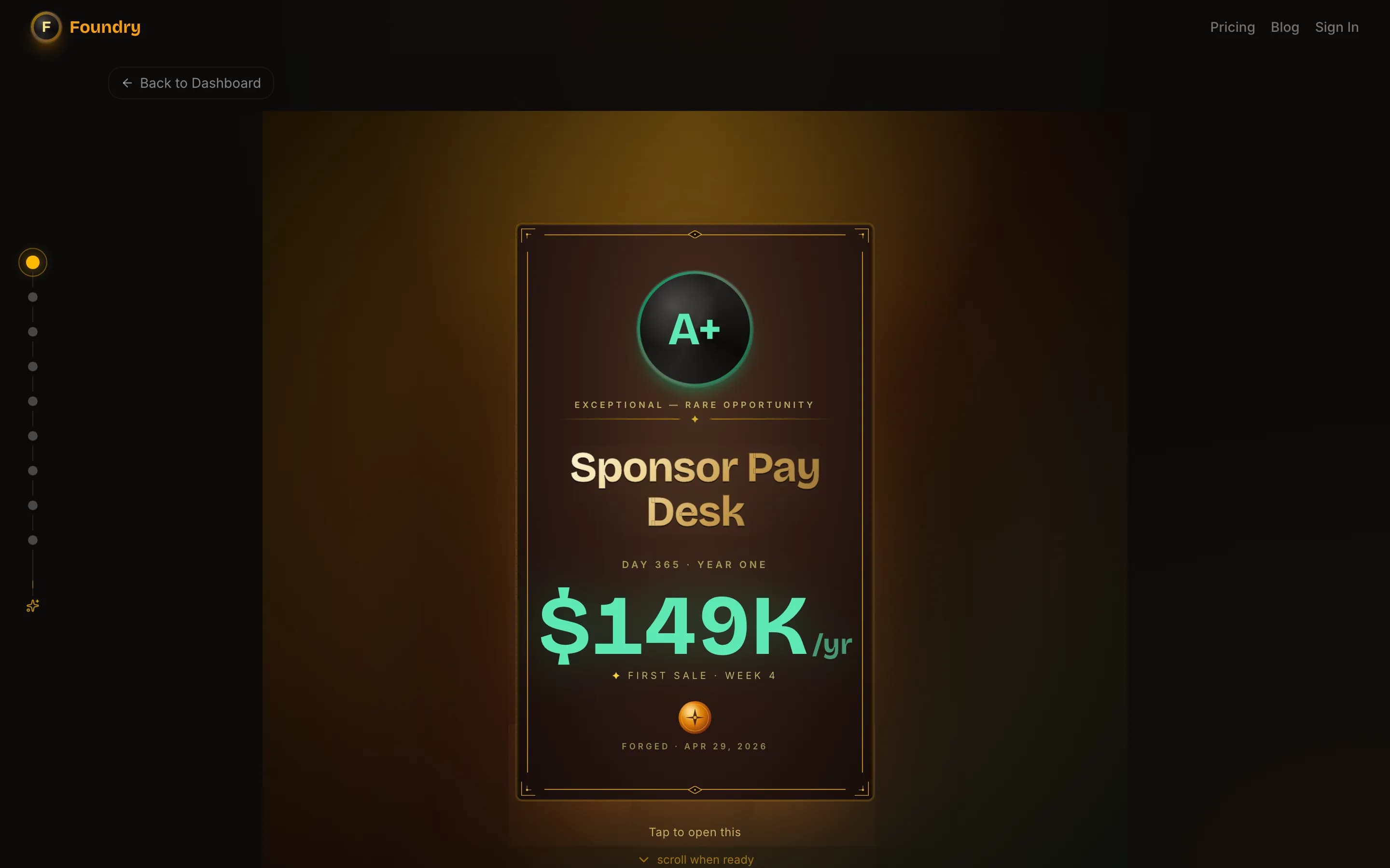 Plan v2 hero card — Sponsor Pay Desk with foil A+ grade and $149K per year revenue projection